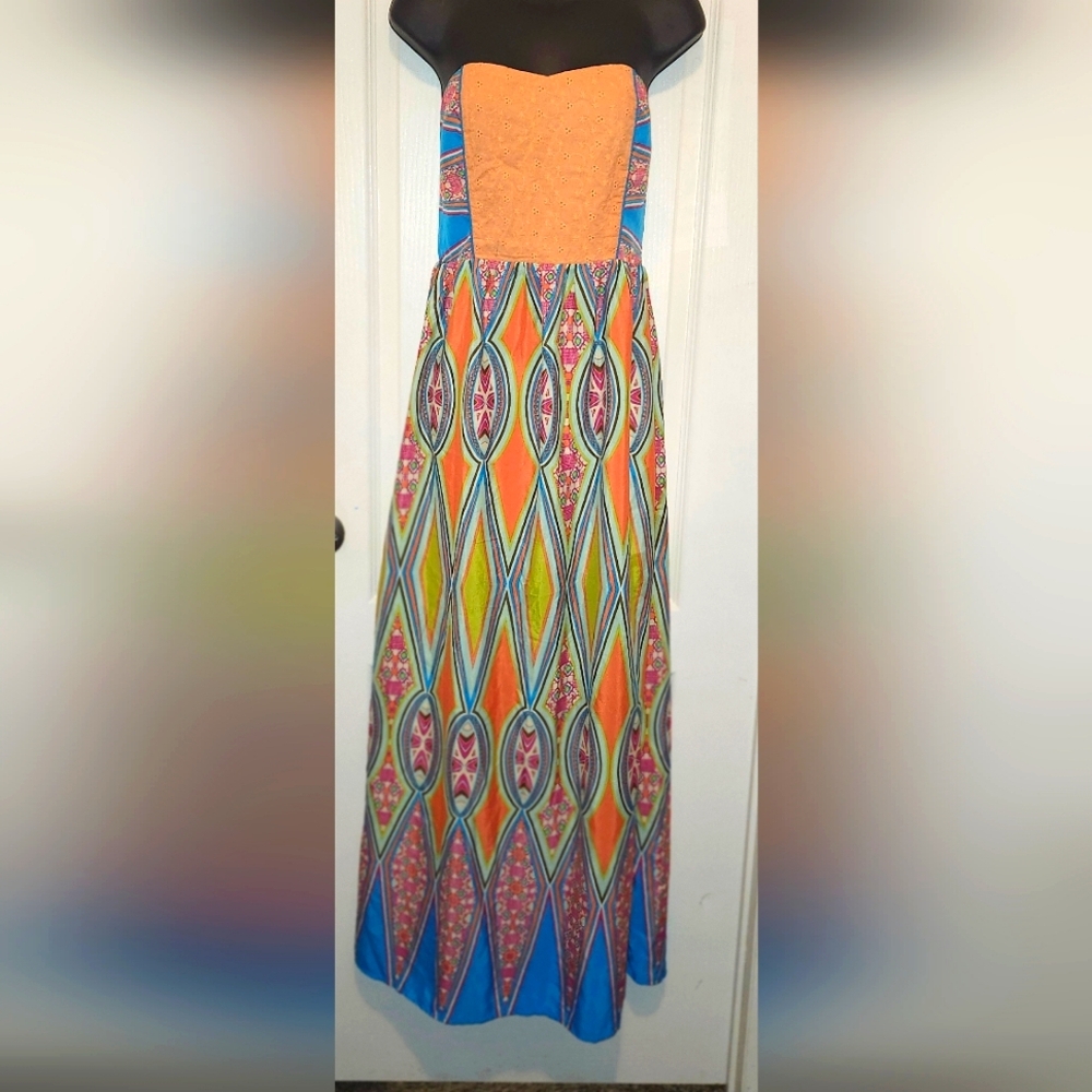 Flying Tomato Orange and Blue Maxi Strapless Dress Size Medium EUC